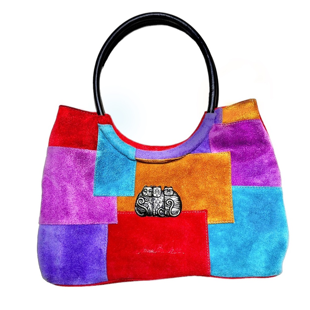 Laurel Burch Vintage Retro Suede Leather Cat Color Block Zip Statement Purse